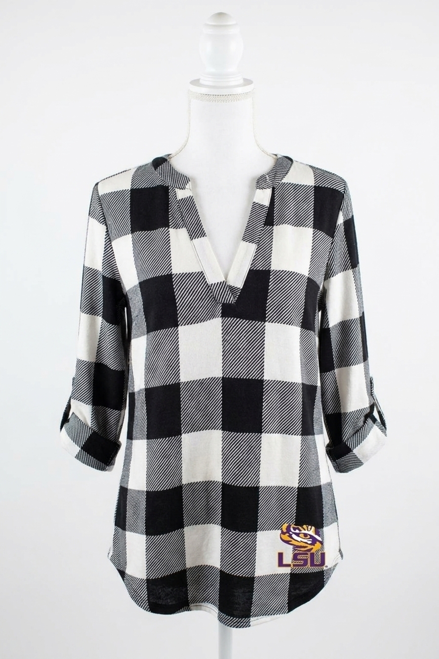 NEW GAMEDAY COUTURE lsu plaid tunic in black/white